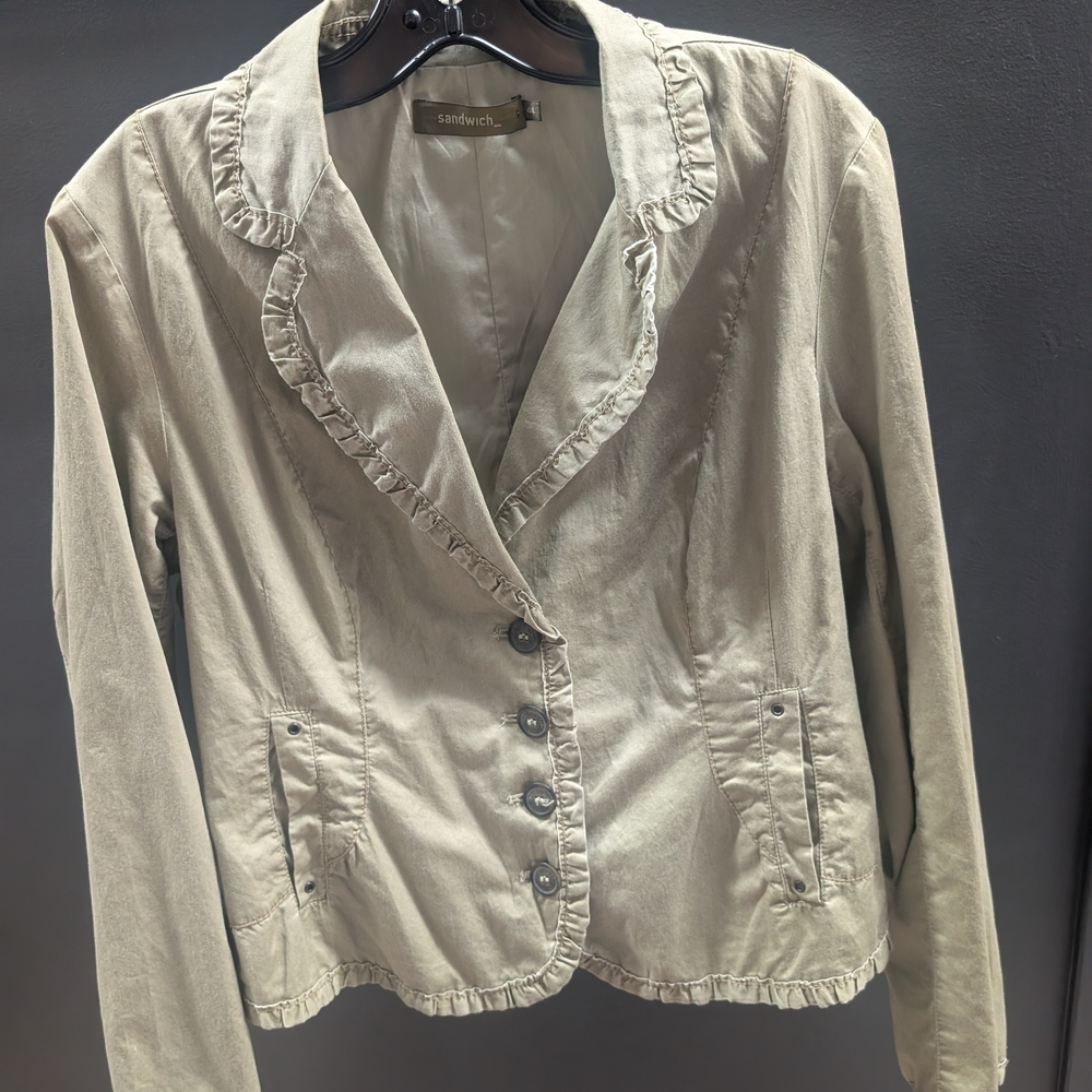 Sandwich Light Olive Ruffle-Trim Blazer (Size 44 Fits medium)